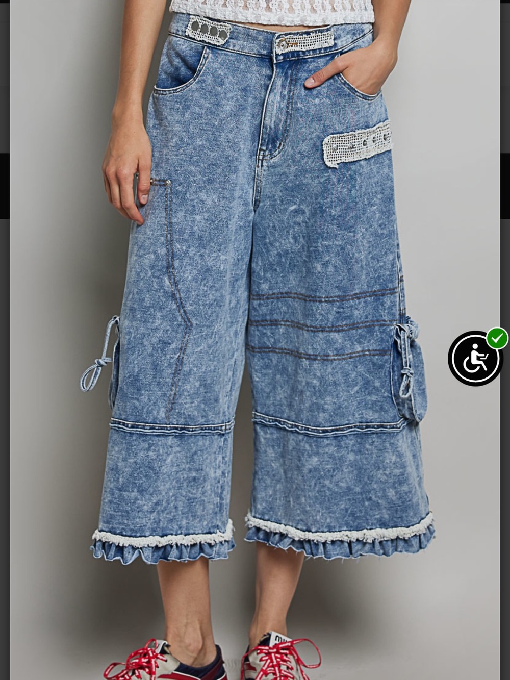 Pol Wide-Leg Cropped Ruffle Hem Denim Pants - Blue
